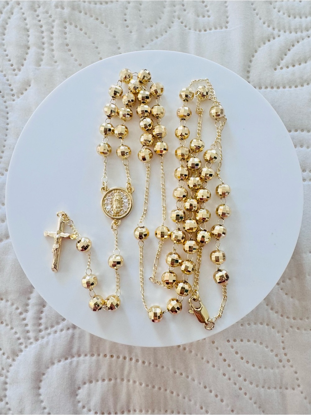 14K Gold Plated Beaded Rosary Necklace with Virgin Mary pendant. New